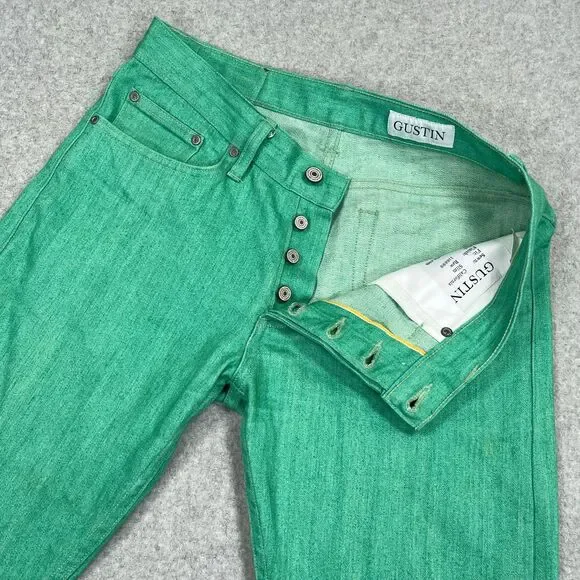 GUSTIN Selvedge Jeans Mens 31x32 Green Seafoam Stretch California Raw Japan 396 - Picture 9 of 15
